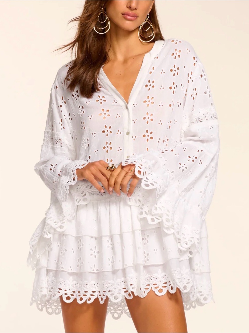 Ramy Brook - Roxanne Cotton Eyelet Coverup Mini Dress in White - Size XS